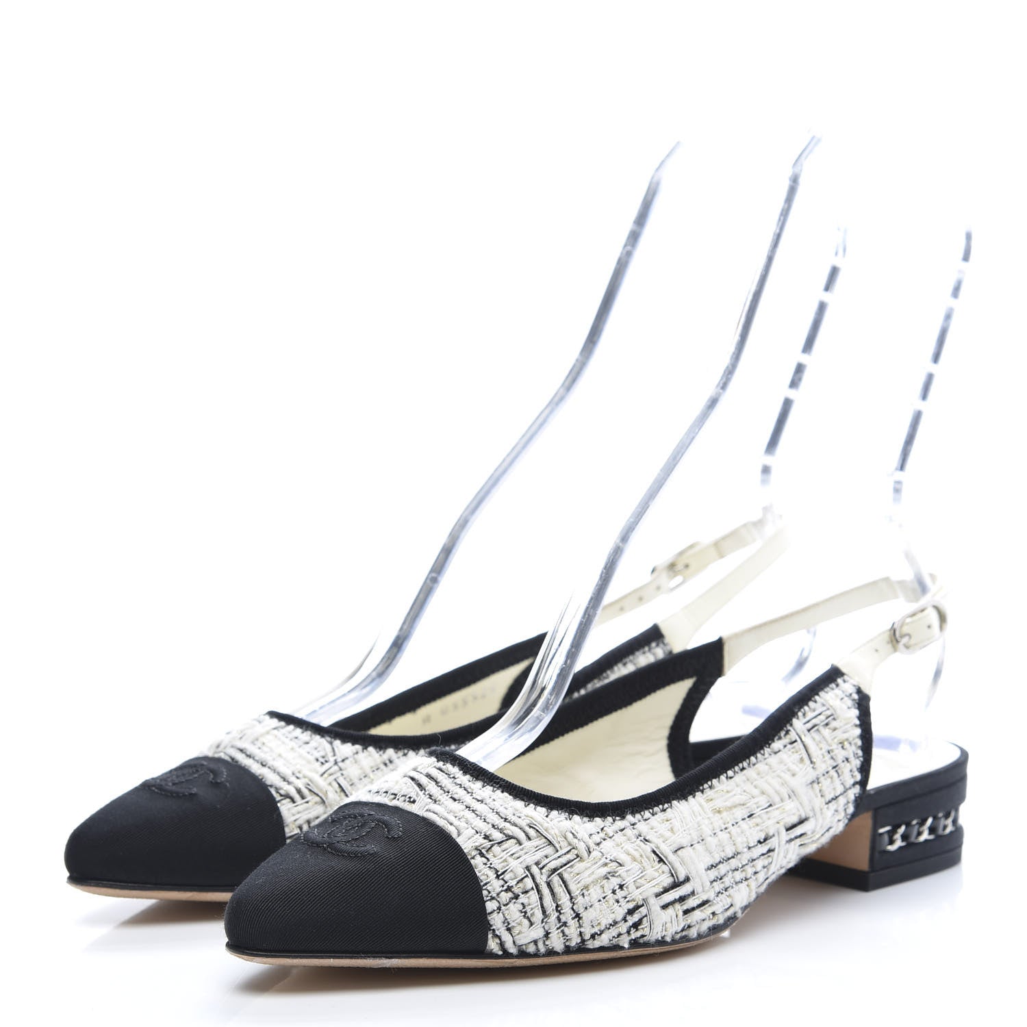 Chanel Tweed Cap Toe CC Slingback Flat 38 White Black 3 of 10