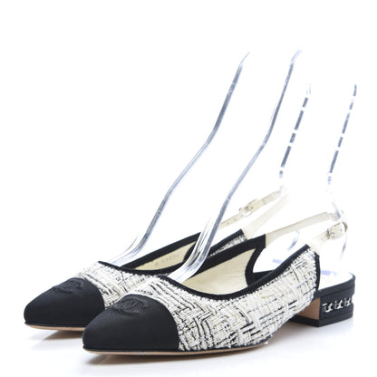 Chanel Tweed Cap Toe CC Slingback Flat 38 White Black 3 of 10