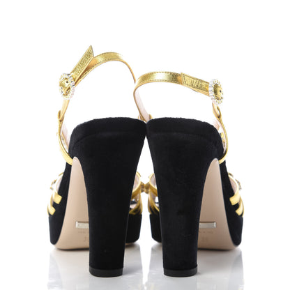 Gucci Velvet Nappa Crystal Zephyra Slingback Platform High Heel Sandals 36 Black Gold 6 of 9