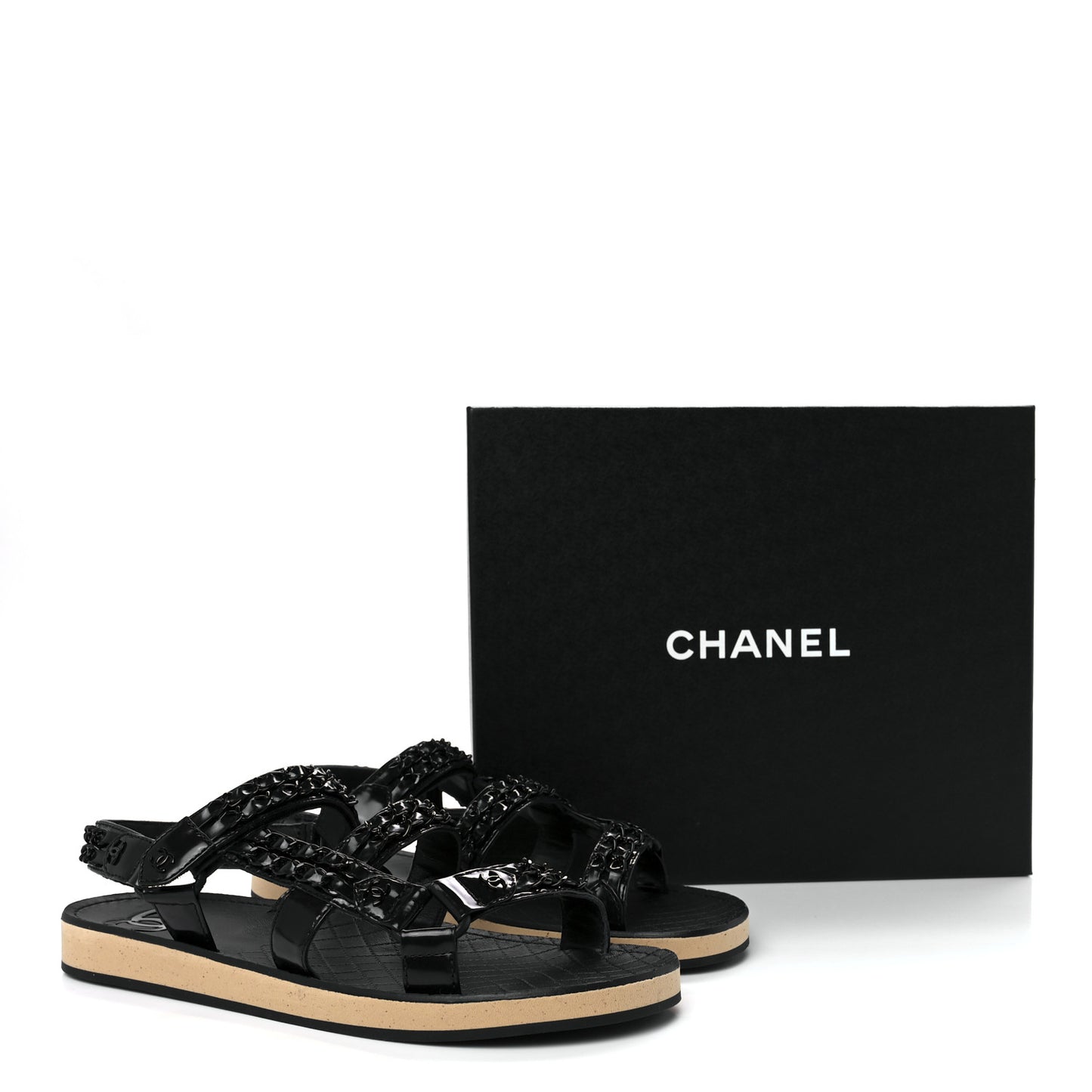 Laminated Goatskin Chain Sandals 41 Black 41 Black