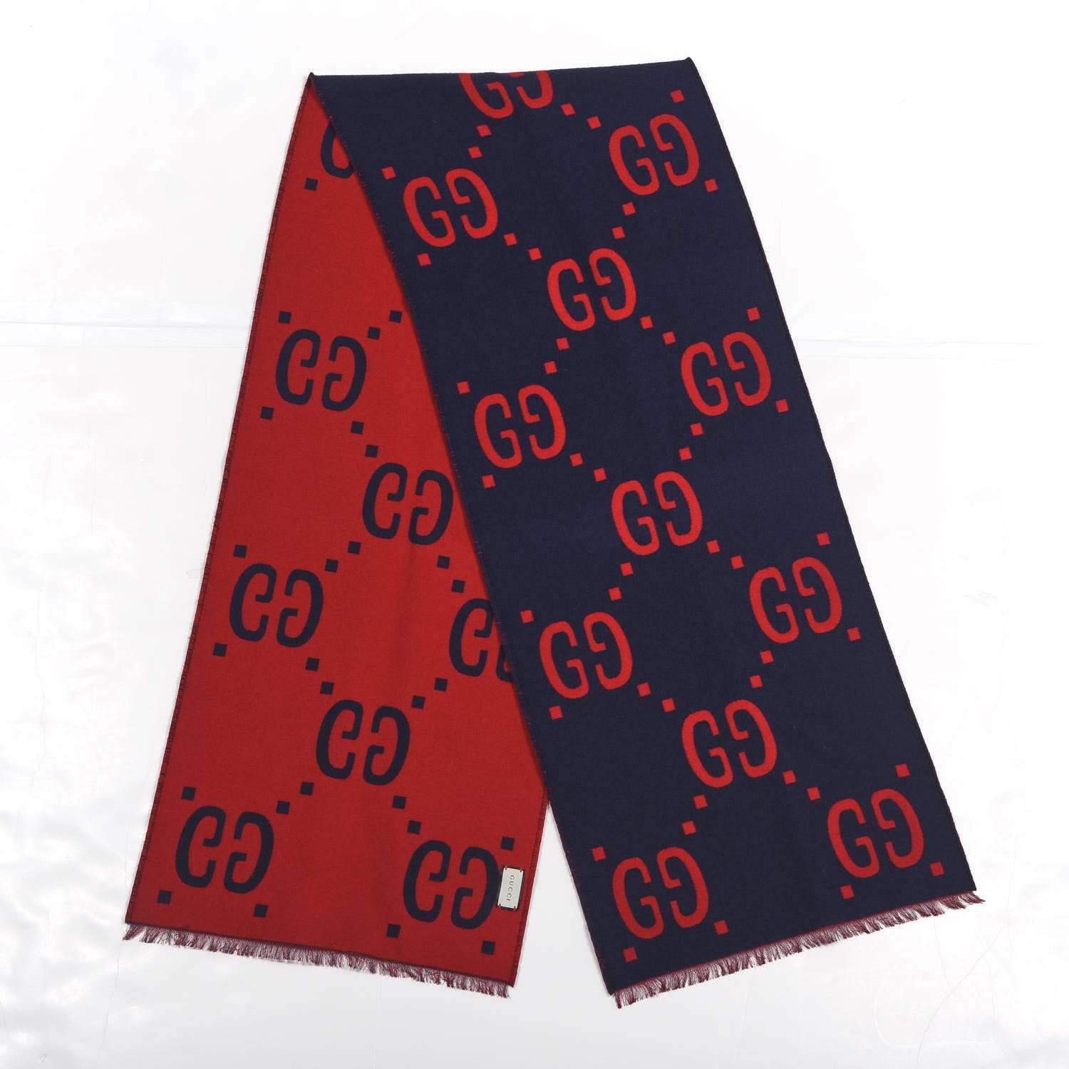 Gucci Wool Silk Monogram Jumbo GG Freedom Scarf Midnight Blue Red 2 of 3