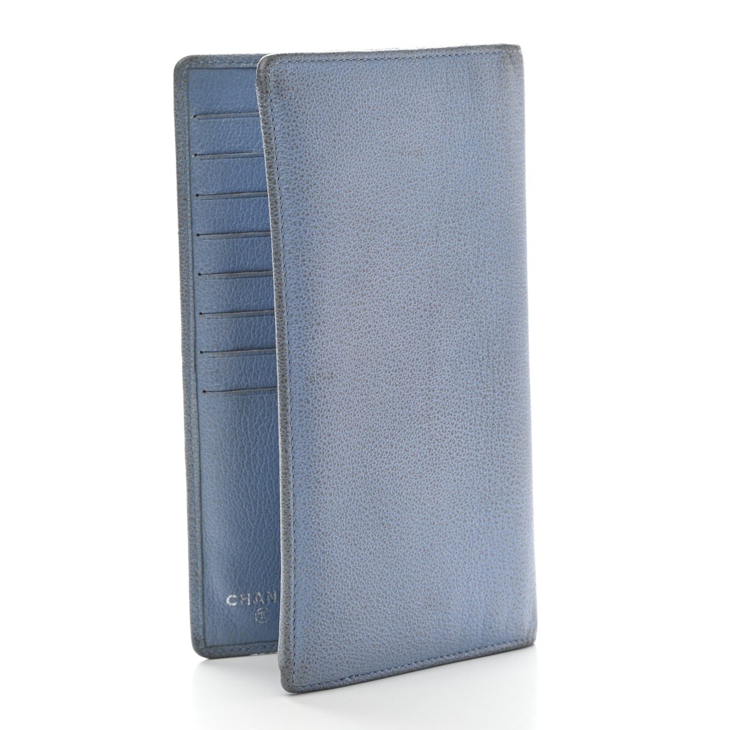 Goatskin Camellia Embossed Yen Wallet Blue
