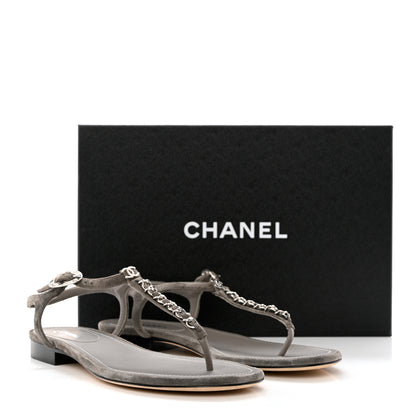 Chanel Suede Calfskin Chain Thong Sandals 38.5 Grey 9 of 9