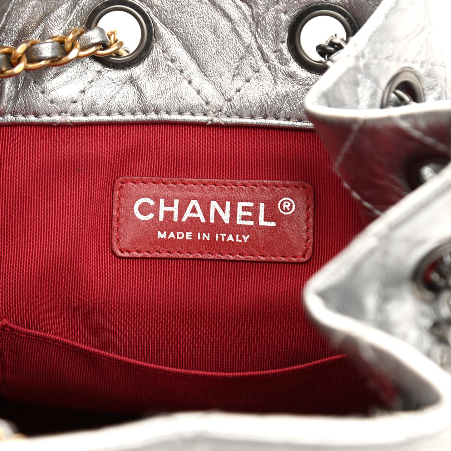 Metallic Crumpled Calfskin Quilted Small Gabrielle Backpack Silver