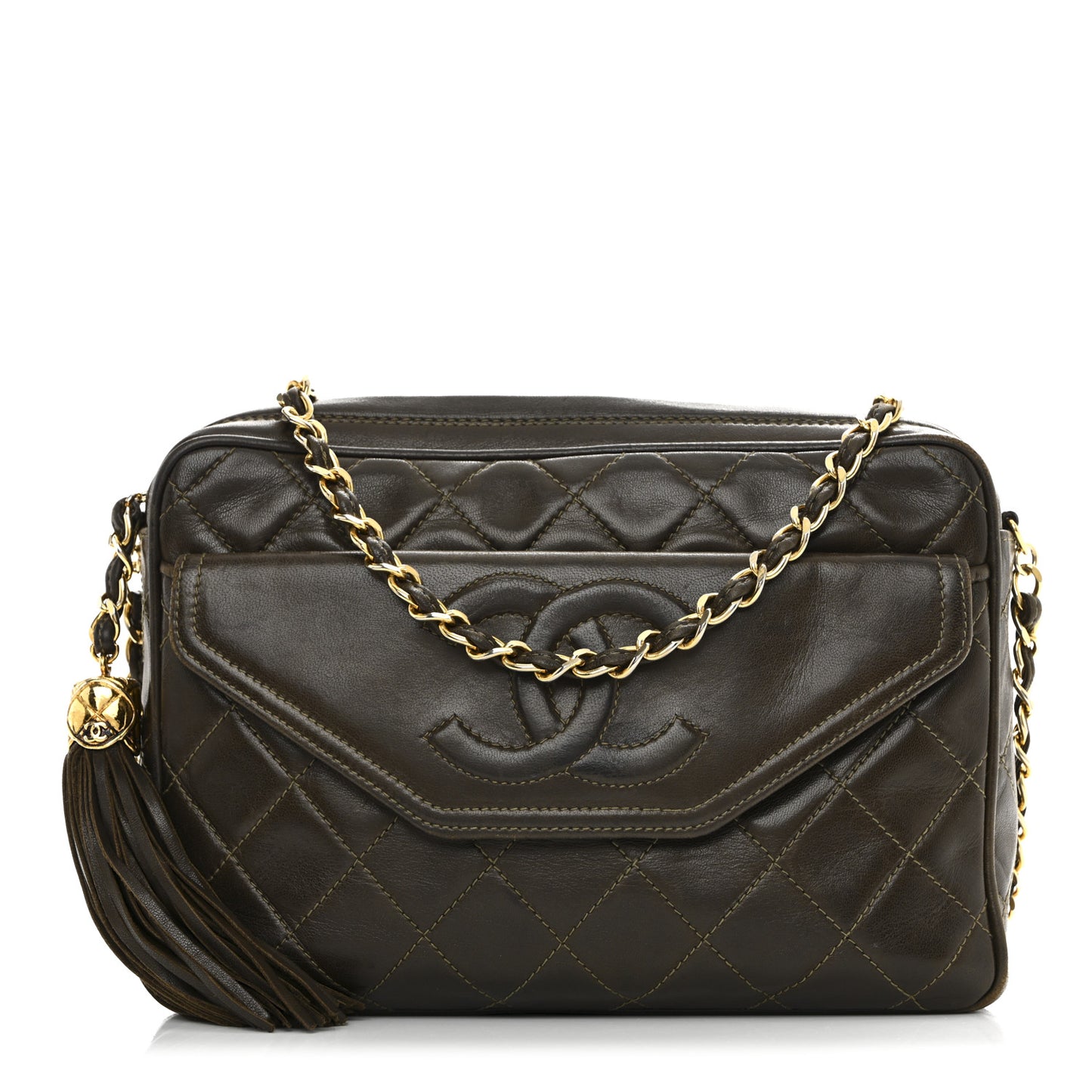 Lambskin Quilted Tassel Camera Case Brown