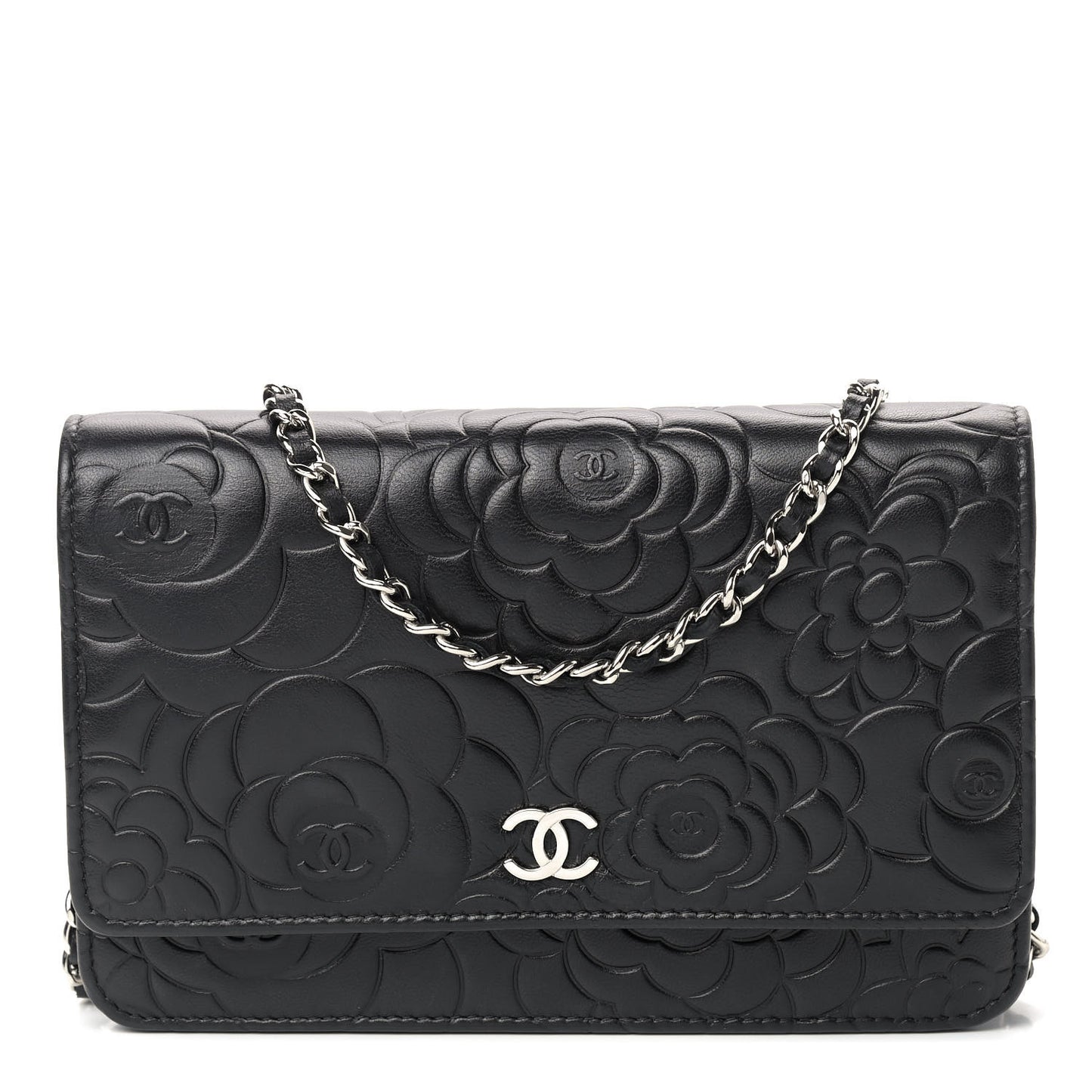 Lambskin Camellia Embossed Wallet on Chain WOC Black