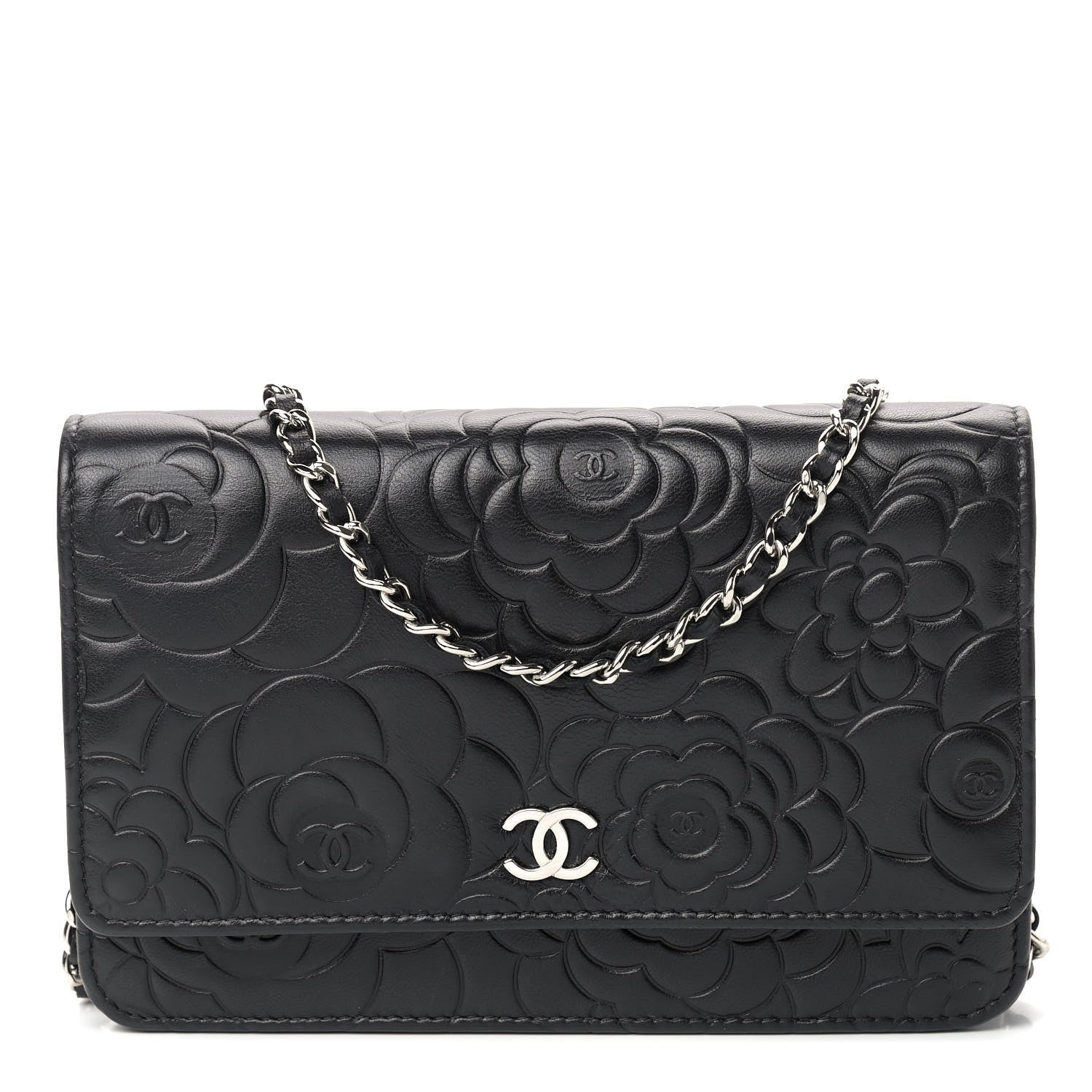 Chanel Lambskin Camellia Embossed Wallet on Chain WOC Black 1 of 9