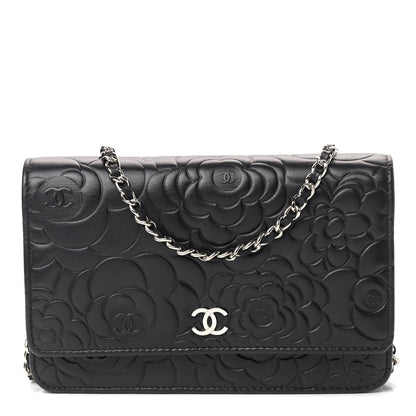 Chanel Lambskin Camellia Embossed Wallet on Chain WOC Black 1 of 9