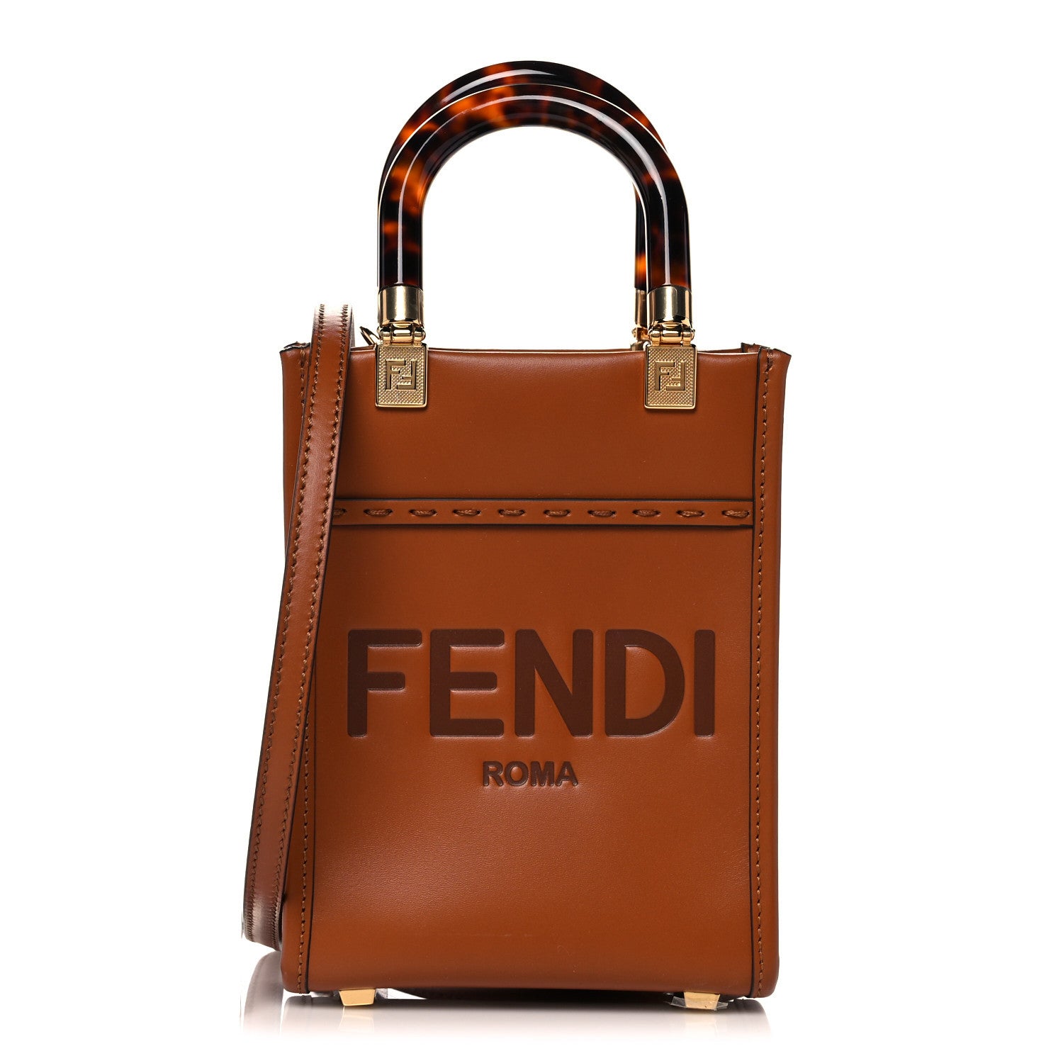Fendi Vitello King Plexiglass Logo Embossed Mini Fendi Sunshine Shopper Tote Cuoio 1 of 9