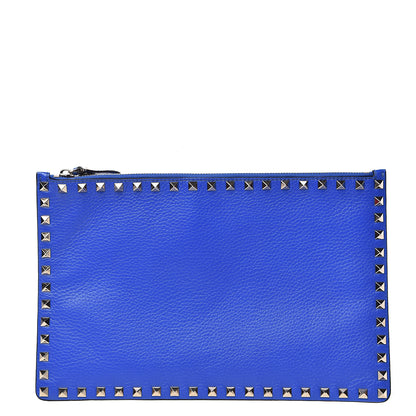 Valentino Garavani Pebbled Calfskin Large Rockstud Zip Pouch Acid Blue 1 of 7
