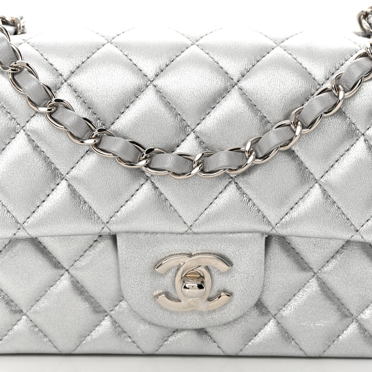 Metallic Lambskin Quilted Mini Rectangular Flap Silver