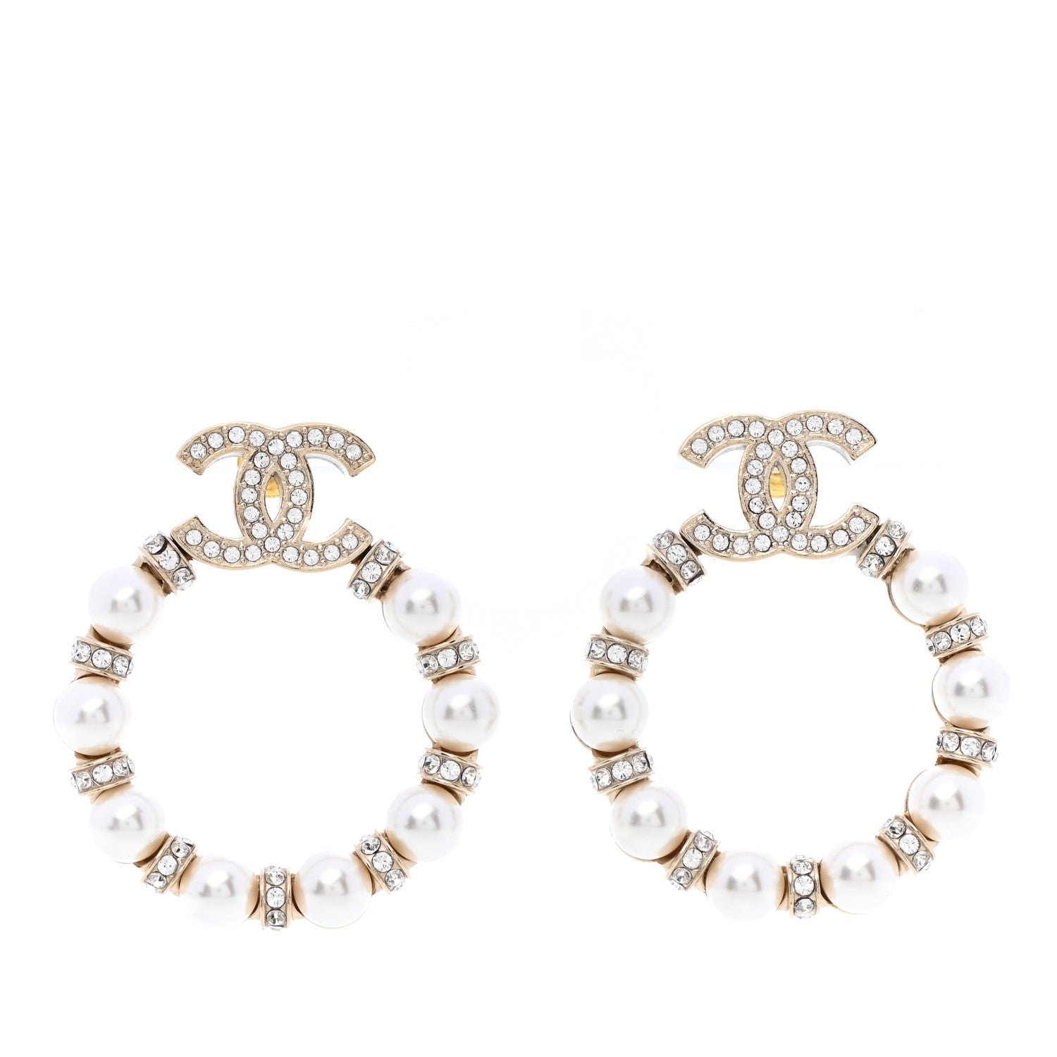 Chanel Pearl Crystal Nefertiti CC Drop Earrings Gold 1 of 8