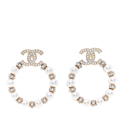 Chanel Pearl Crystal Nefertiti CC Drop Earrings Gold 1 of 8
