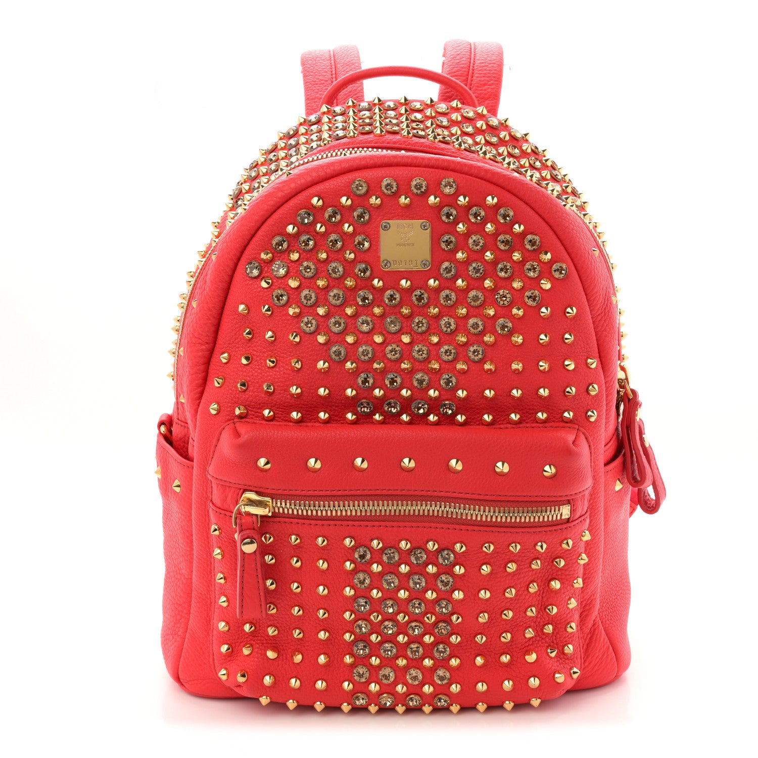 MCM Grainy Lambskin Crystal Studded Small Stark Backpack Red 1 of 10