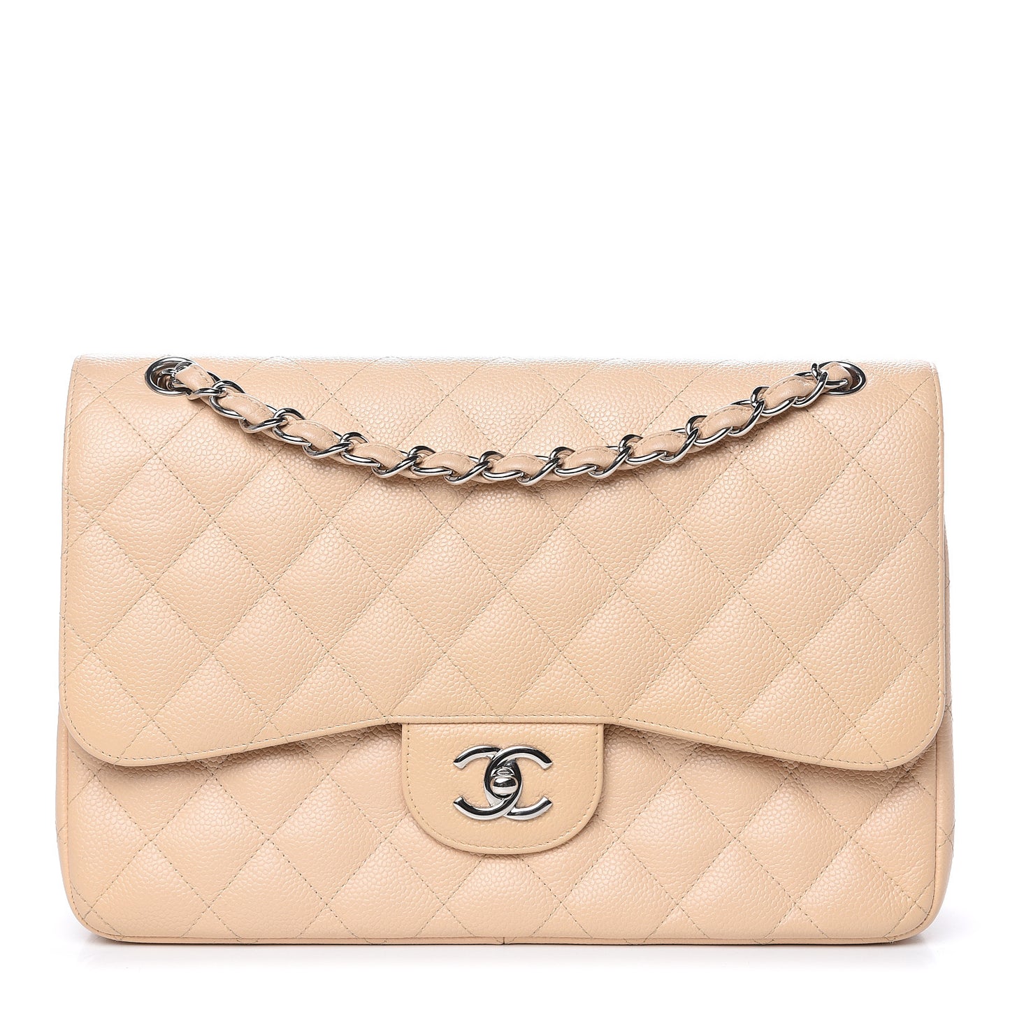 Caviar Quilted Jumbo Double Flap Beige Clair