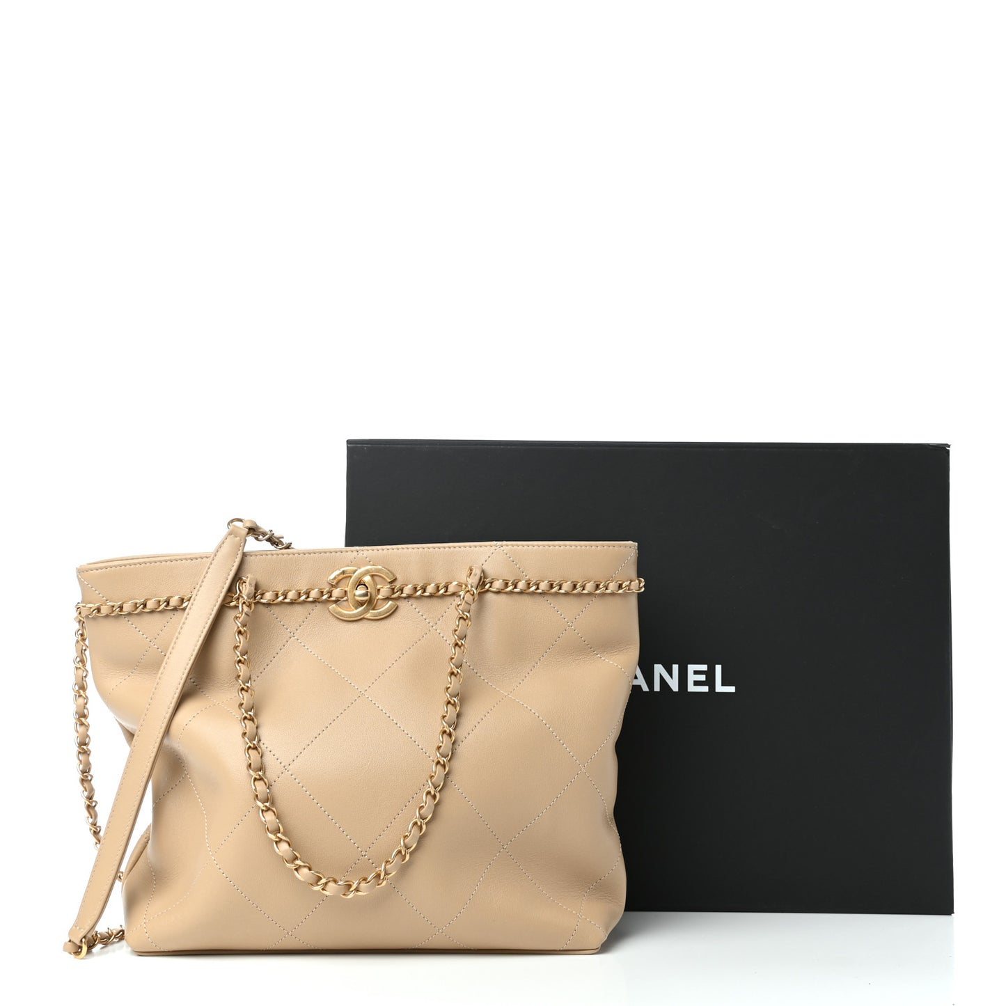 Calfskin Stitched Small Shopping Tote Dark Beige