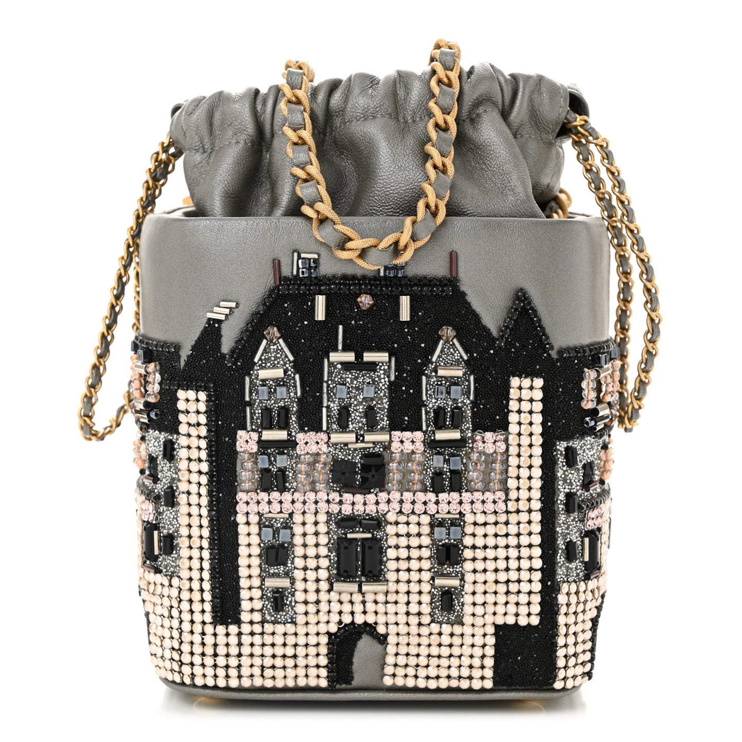 Metallic Lambskin Crystal Metiers D'Art Chateau de Chenonceau Bucket Bag Grey