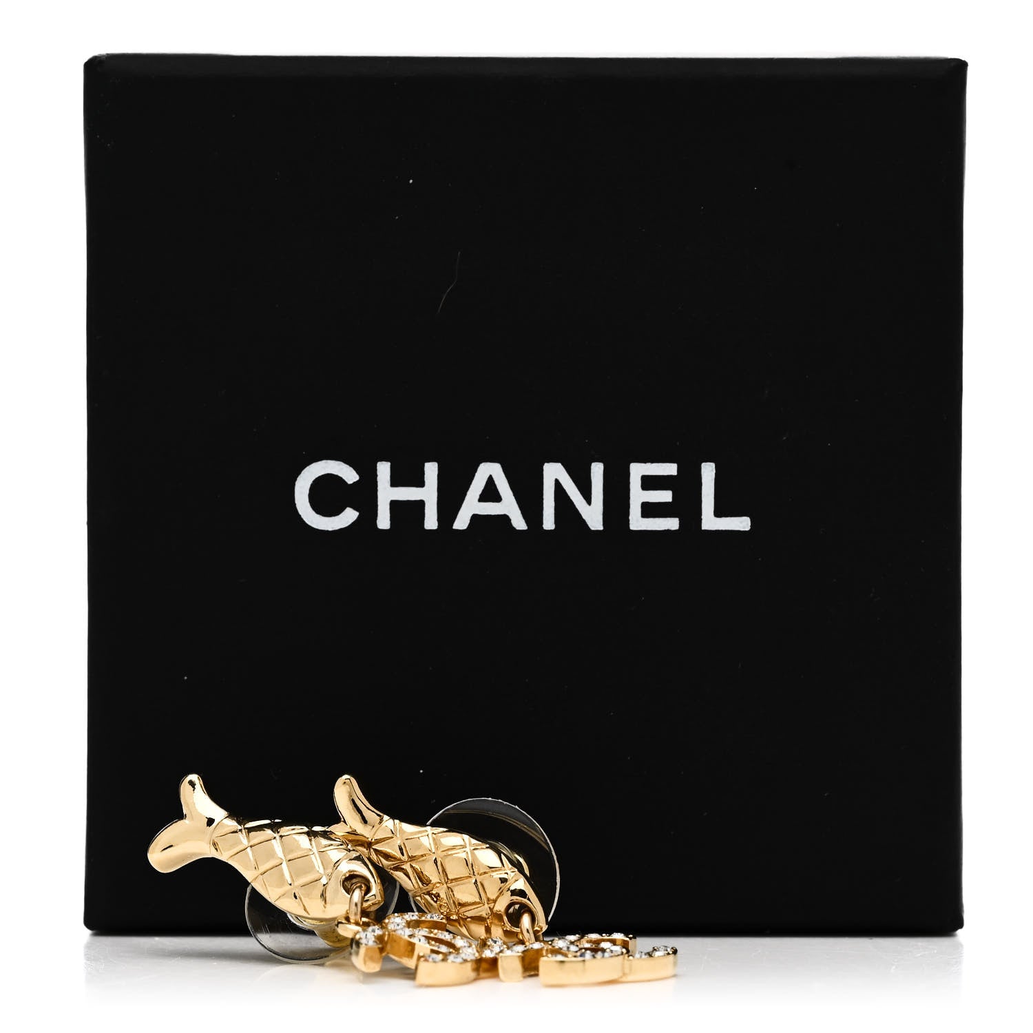 Chanel Metal Crystal CC Fish Drop Earrings Gold 5 of 5
