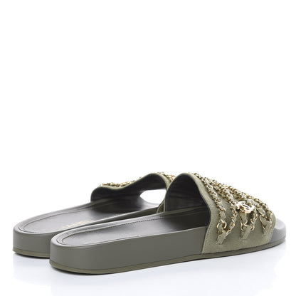 Chanel Canvas Chain Flat Sandals 40 Khaki 4 of 9