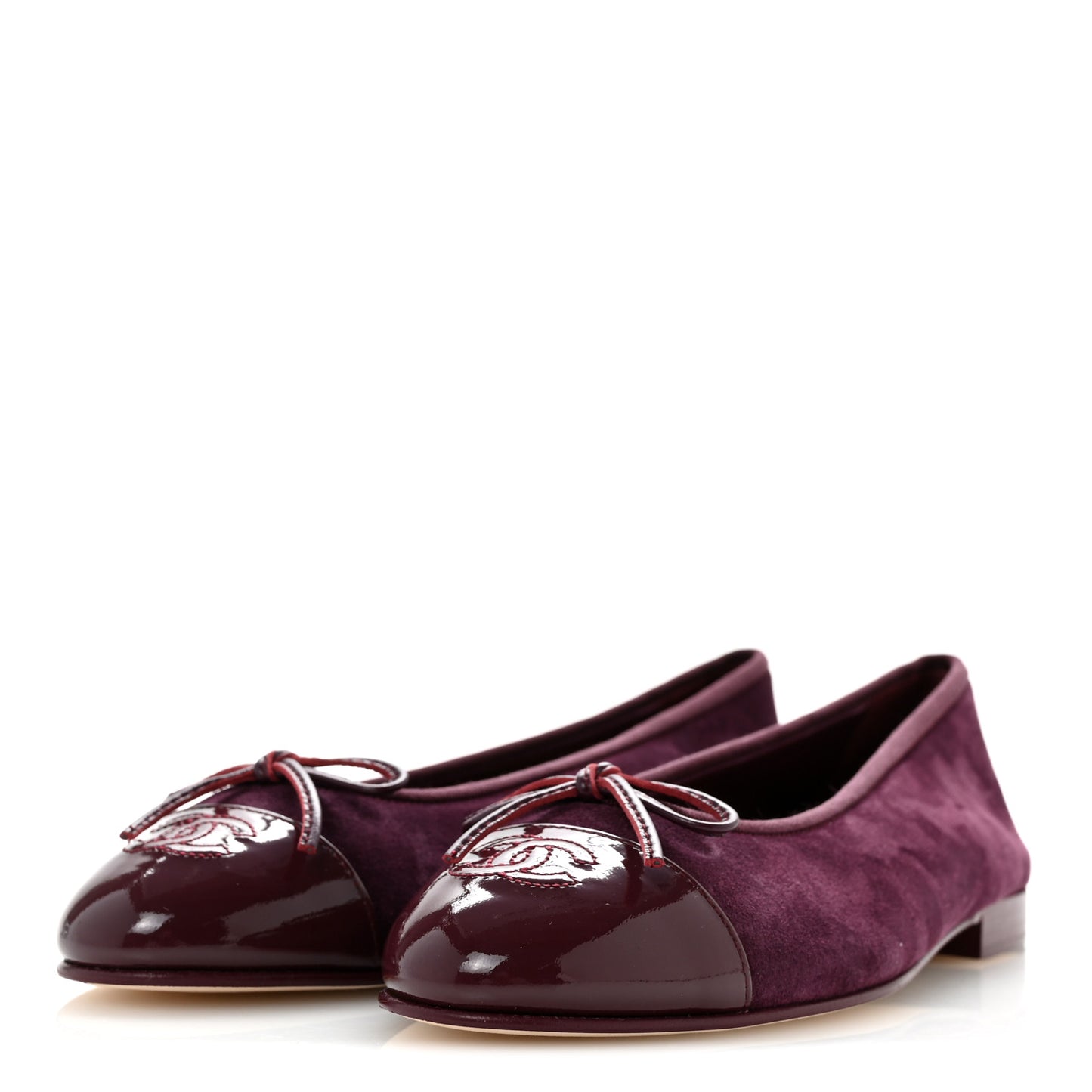 Suede Patent Calfskin Cap Toe CC Ballerina Flats 39 Burgundy