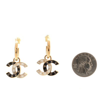 Chanel Enamel CC Hoop Drop Earrings Black White Gold 2 of 6