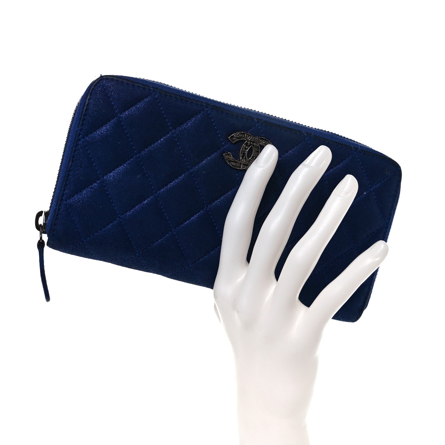 Iridescent Calfskin Quilted Long Zip Around Wallet Blue