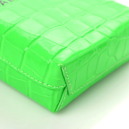 Balenciaga Shiny Calfskin Crocodile Embossed Logo Shopping Phone Holder Bag Fluo Green Black 7 of 10