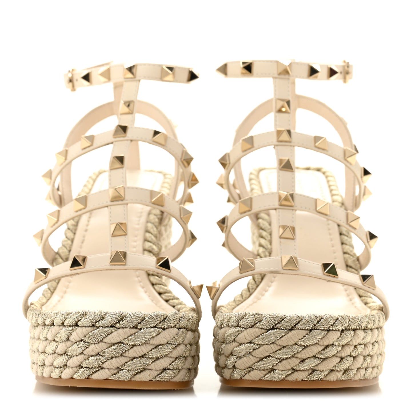 Calfskin Rockstud Ankle Strap Torchon Espadrille Caged 25/95mm Wedge Sandals 36 Light Ivory
