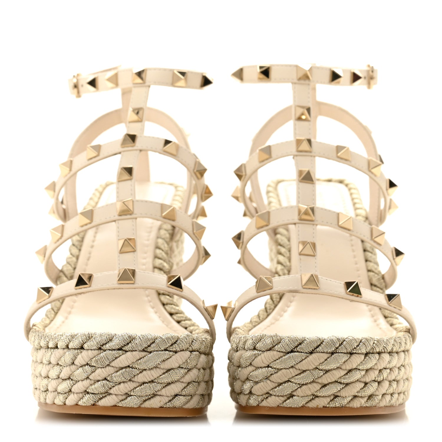 Valentino Garavani Calfskin Rockstud Ankle Strap Torchon Espadrille Caged 25/95mm Wedge Sandals 36 Light Ivory 3 of 12