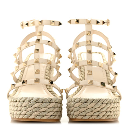Valentino Garavani Calfskin Rockstud Ankle Strap Torchon Espadrille Caged 25/95mm Wedge Sandals 36 Light Ivory 3 of 12