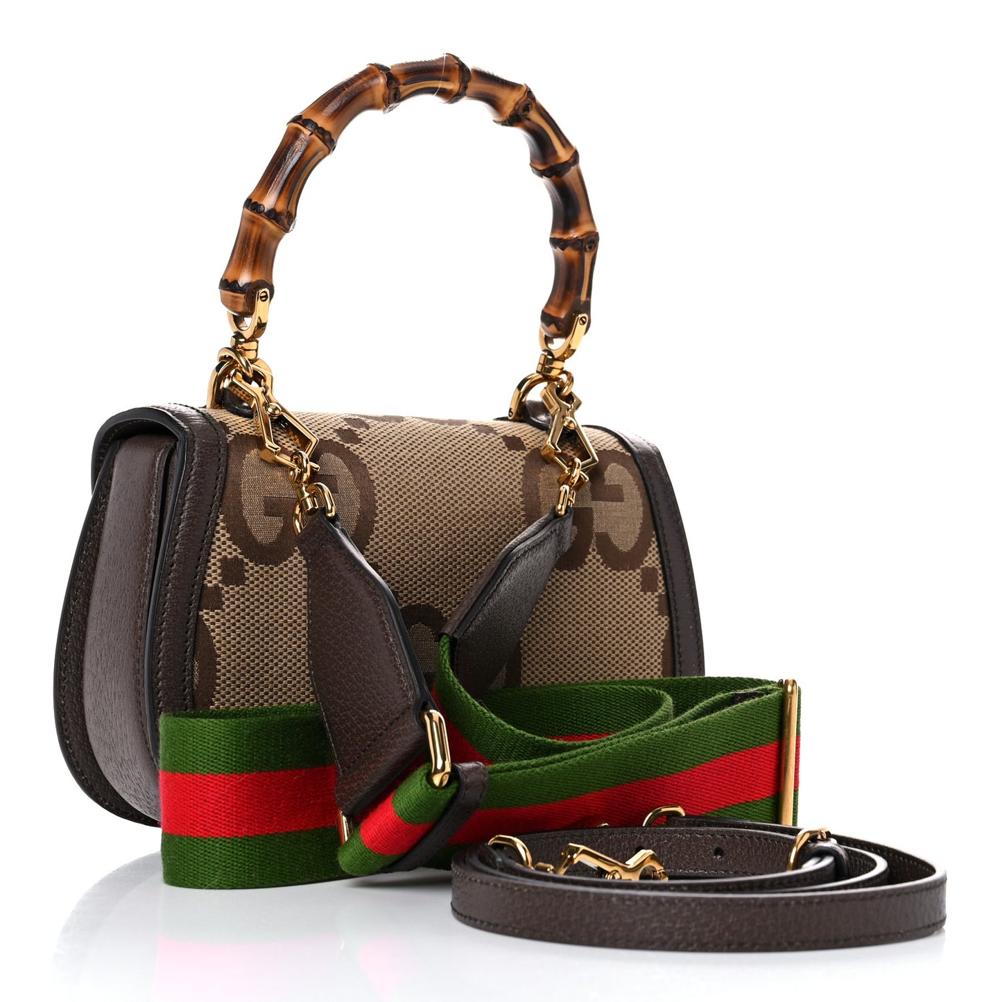 Monogram Jumbo GG Textured Dollar Calfskin Web Small Bamboo 1947 Top Handle Bag Camel Ebony New Acero