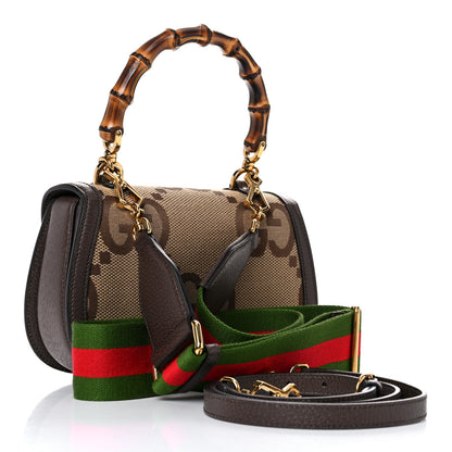 Gucci Monogram Jumbo GG Textured Dollar Calfskin Web Small Bamboo 1947 Top Handle Bag Camel Ebony New Acero 4 of 11