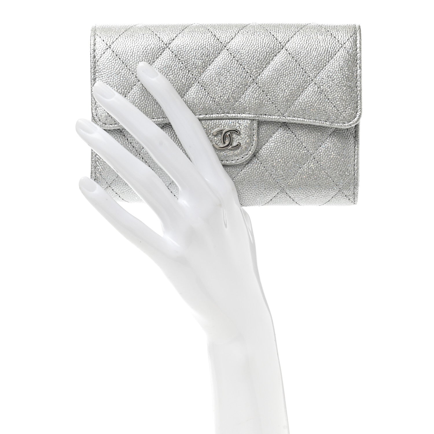 Chanel Glittered Metallic Caviar Quilted Medium Flap Wallet Silver 2 of 9