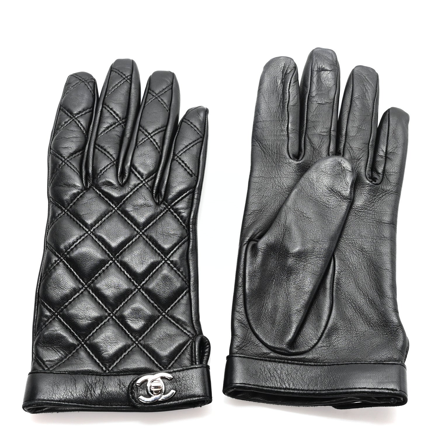 CHANEL ブラック レザー 手袋 Chanel Lambskin Quilted Turnlock Gloves 7.5 Black 1781880