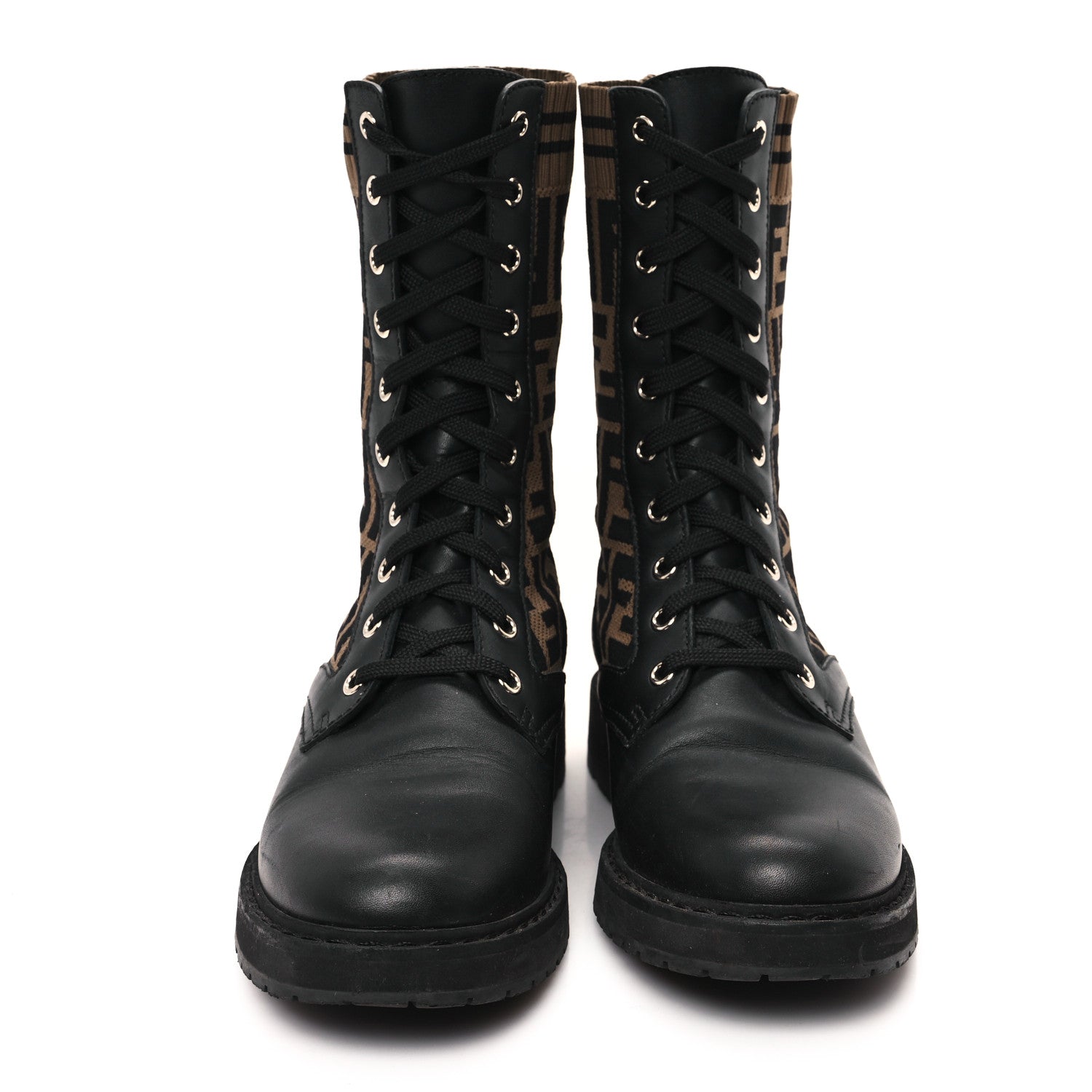 Fendi Calfskin Stretch Fabric FF Rockoko Biker Boots 37.5 Black Tobacco 3 of 7