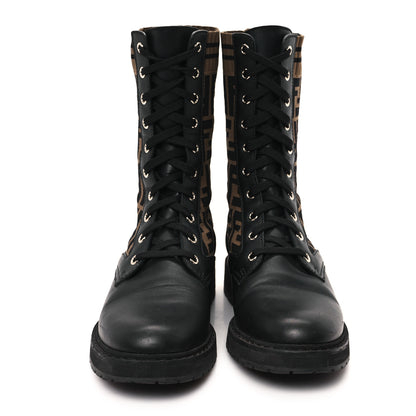 Fendi Calfskin Stretch Fabric FF Rockoko Biker Boots 37.5 Black Tobacco 3 of 7