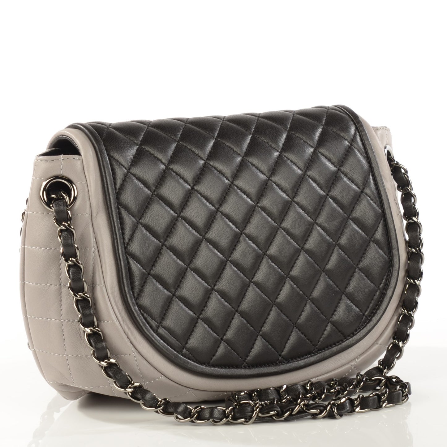 Lambskin Quilted Classic Twist Crescent Flap Black Grey