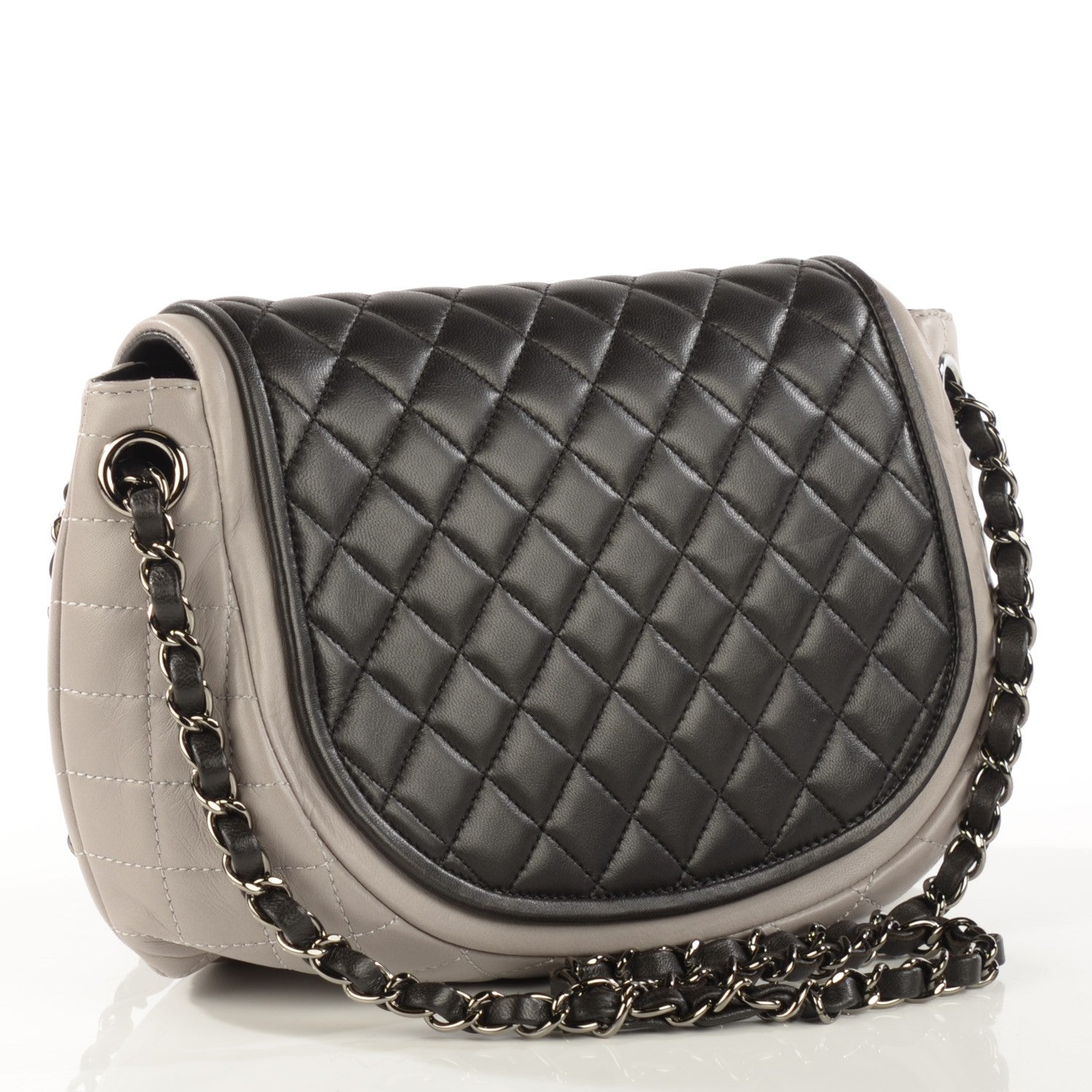 Chanel Lambskin Quilted Classic Twist Crescent Flap Black Grey 3 of 9