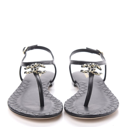 Chanel Lambskin Chain CC Logo Thong Sandals 37 Black 2 of 8