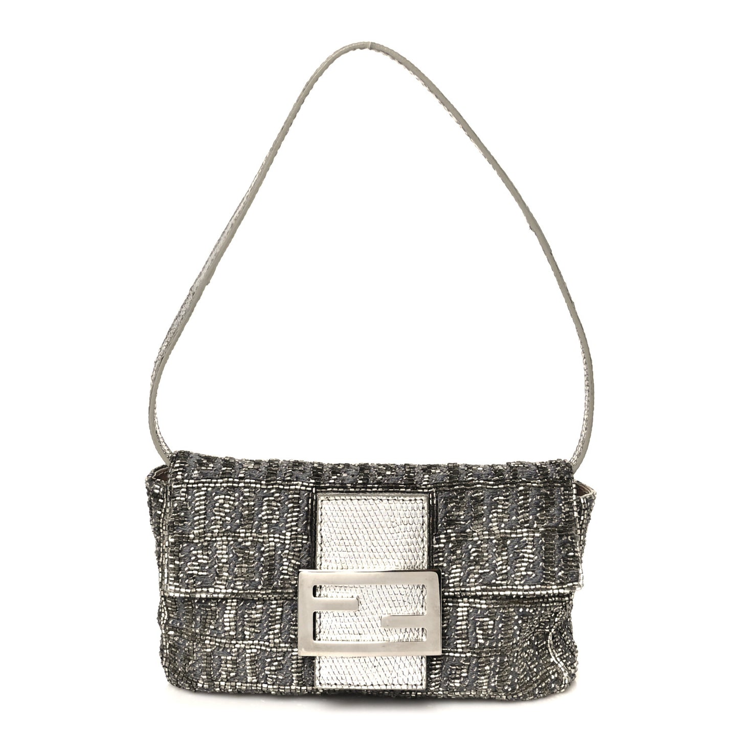 Metallic Lizard Beaded Embroidered Mini Baguette Grey