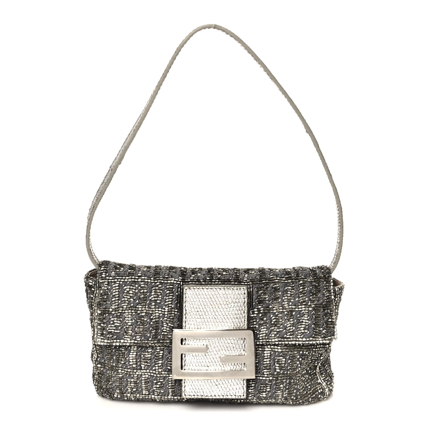 Fendi Metallic Lizard Beaded Embroidered Mini Baguette Grey 1 of 12