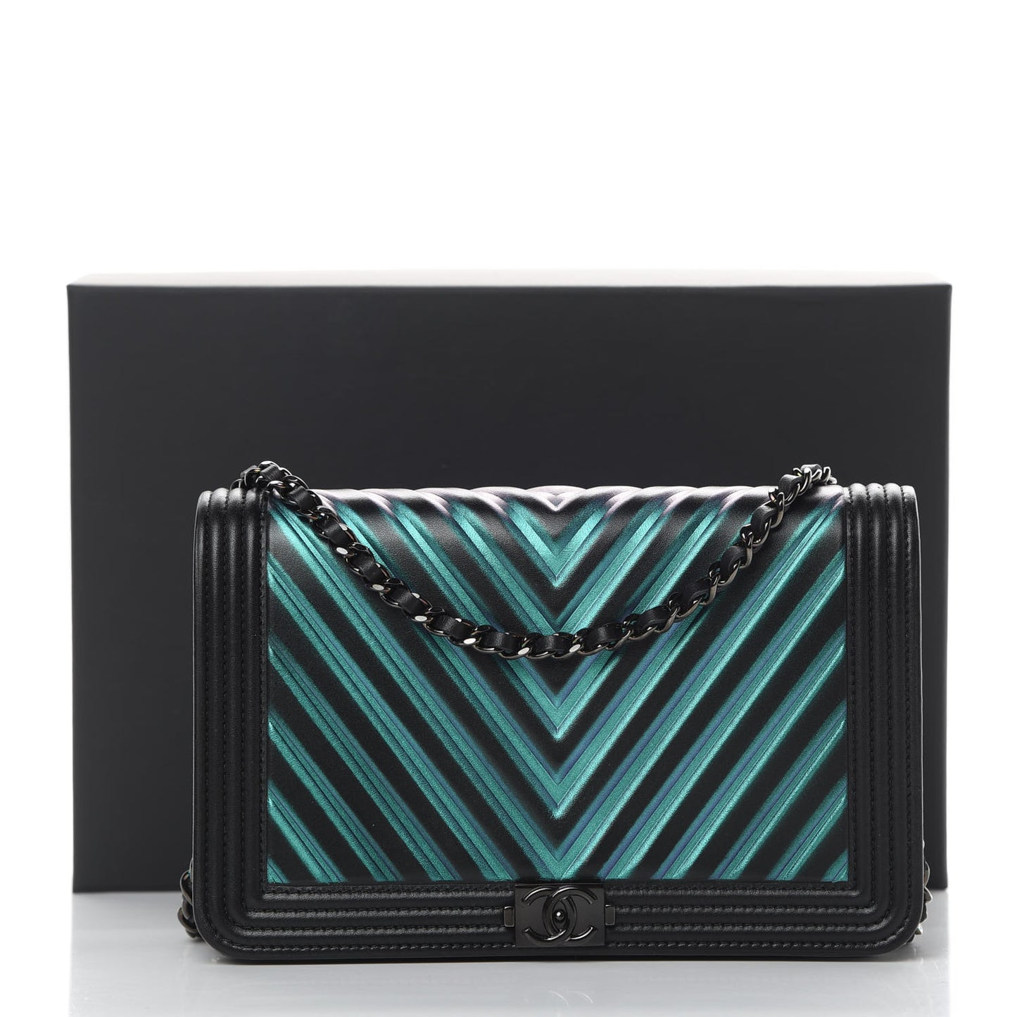 Calfskin Painted Chevron Embossed Boy Wallet On Chain WOC Black