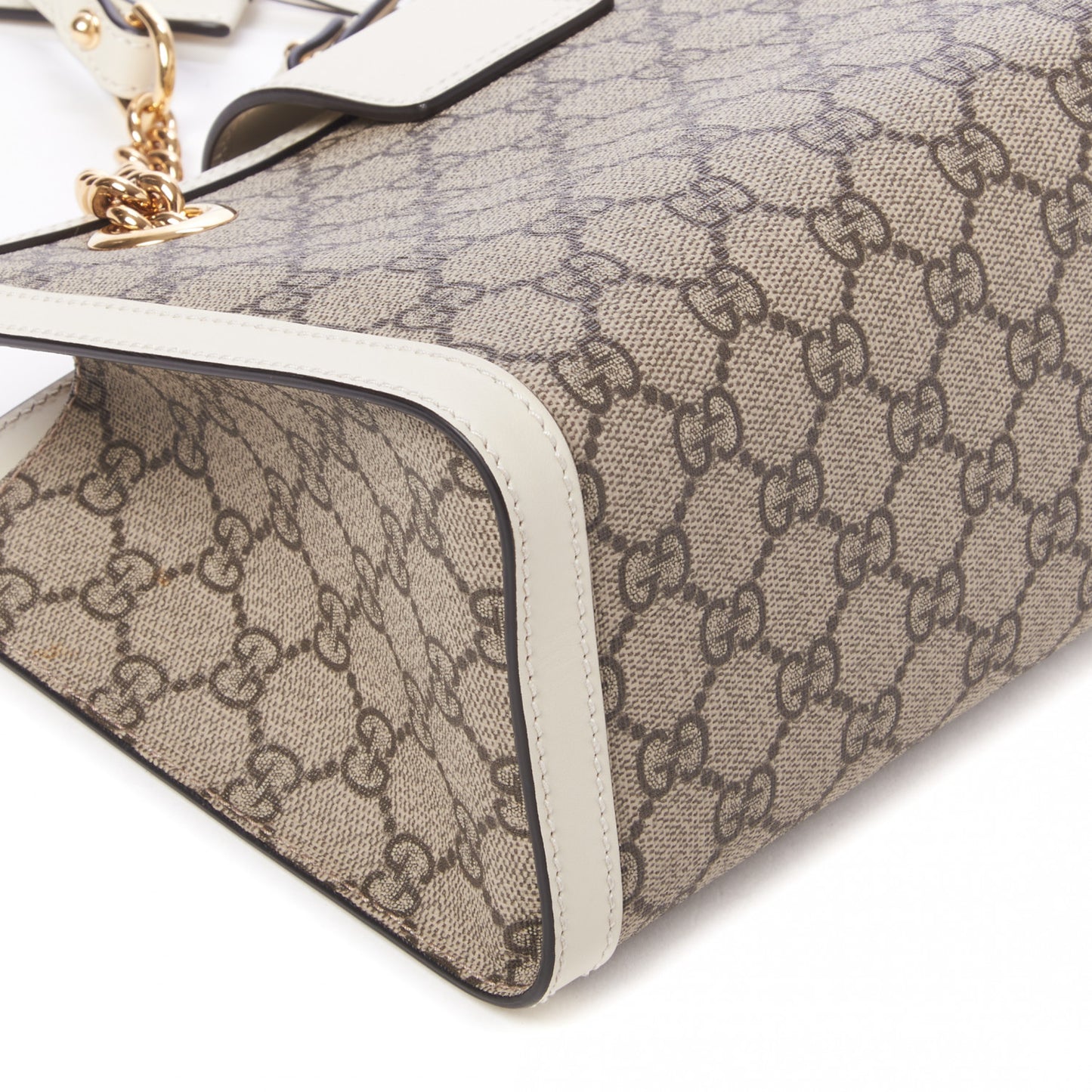 GG Supreme Monogram Moon Calfskin Small Padlock Tote Beige Ebony Mystic White