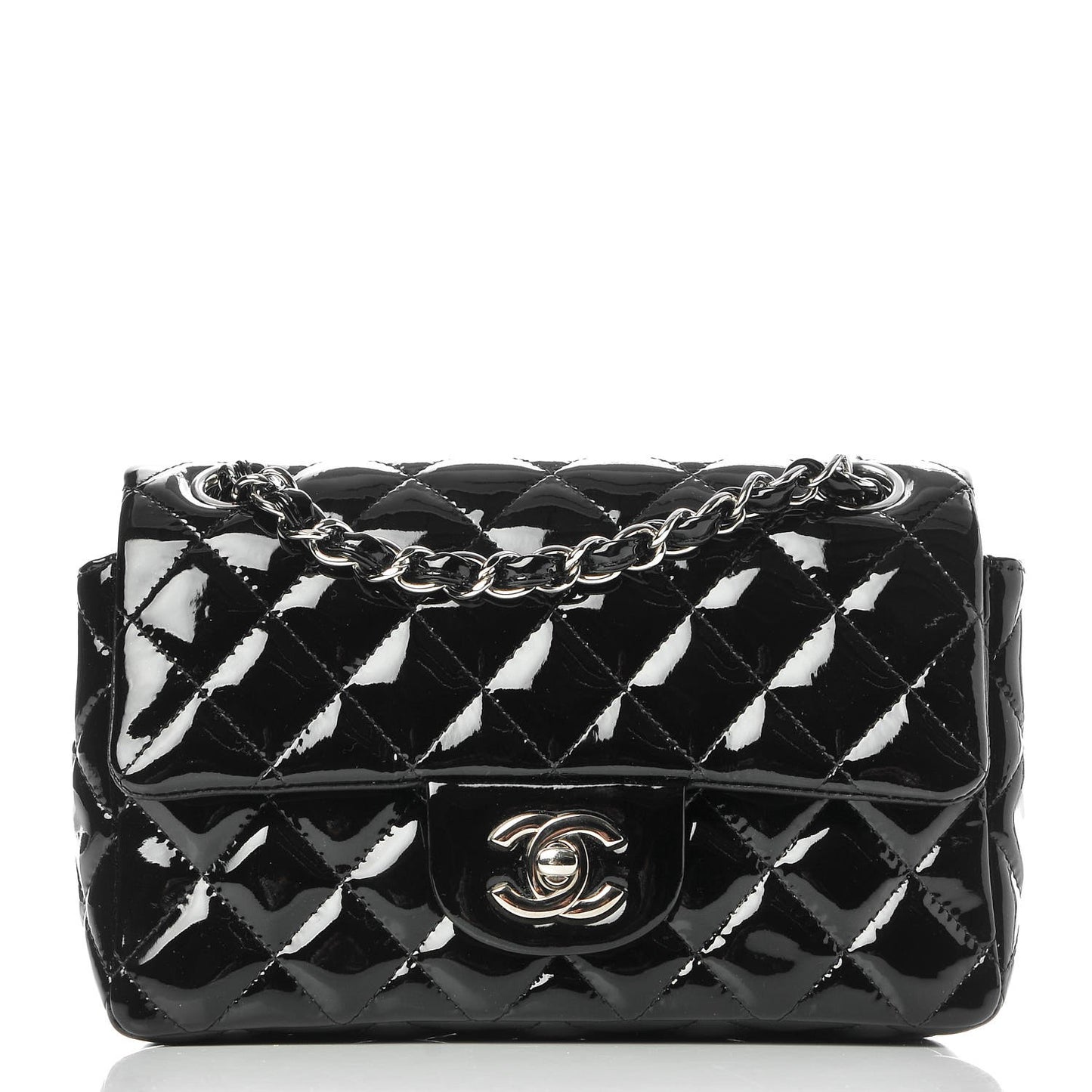 Patent Calfskin Quilted Mini Rectangular Flap Black