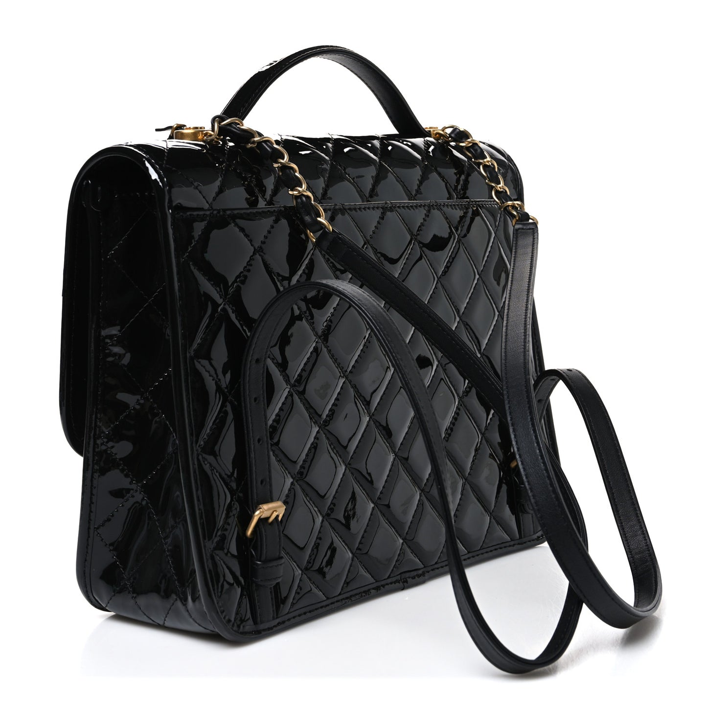 Patent Quilted Large School Memory Top Handle Flap Black Black