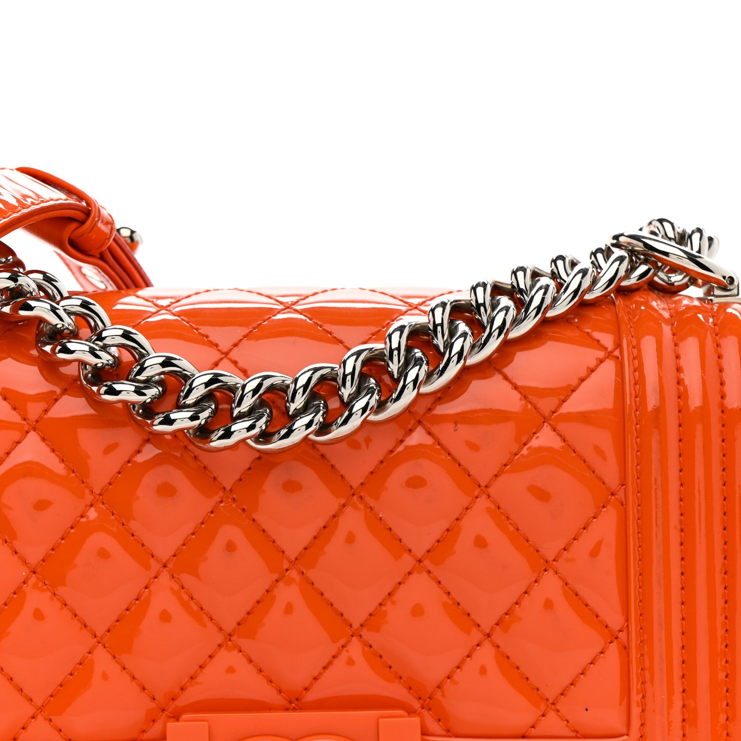 Patent Calfskin Quilted Small Plexiglass Boy Flap Orange