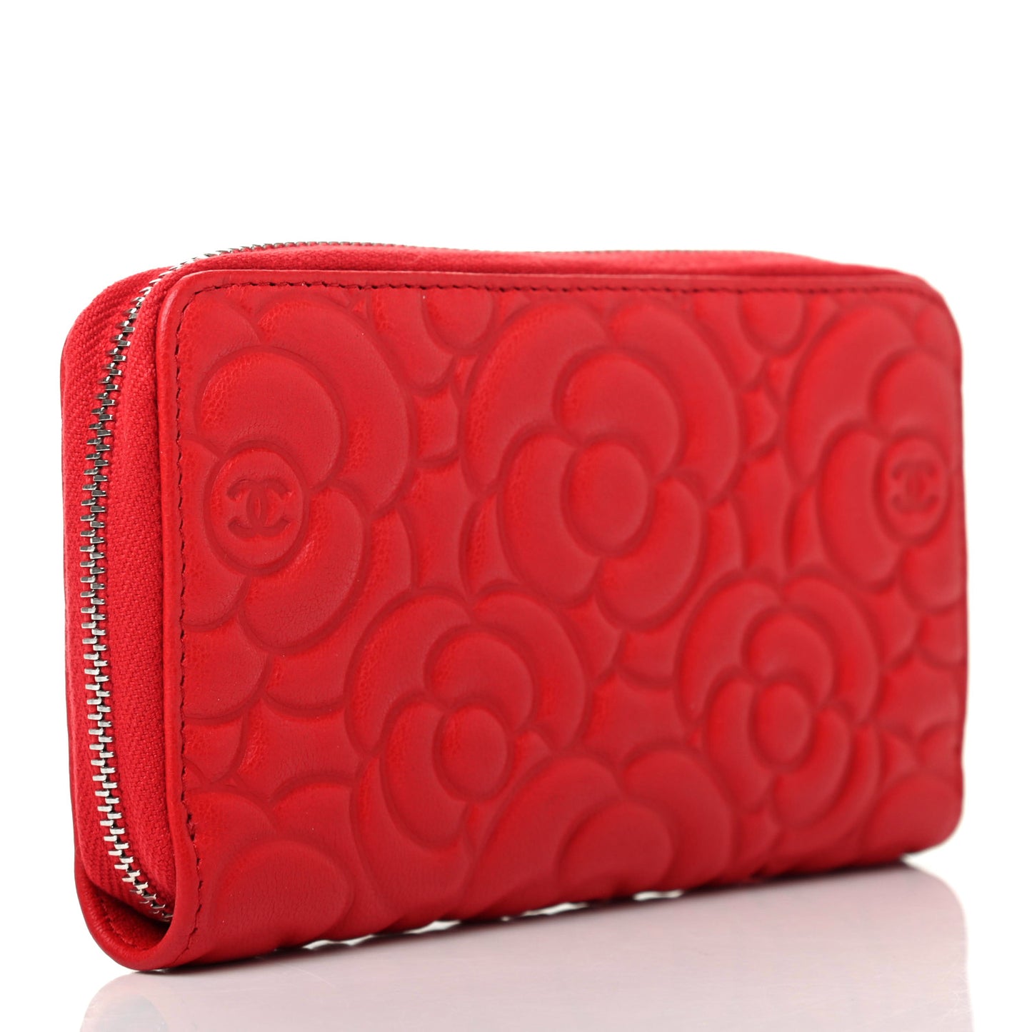 Goatskin Camellia Embossed Medium Zip Around Wallet Red
