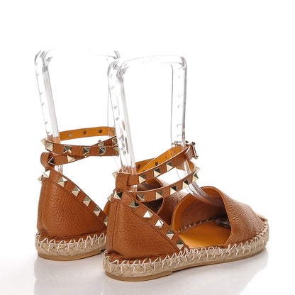 Valentino Garavani Grained Calfskin Rockstud Ankle Wrap Espadrille Flats 35 Cognac 4 of 8