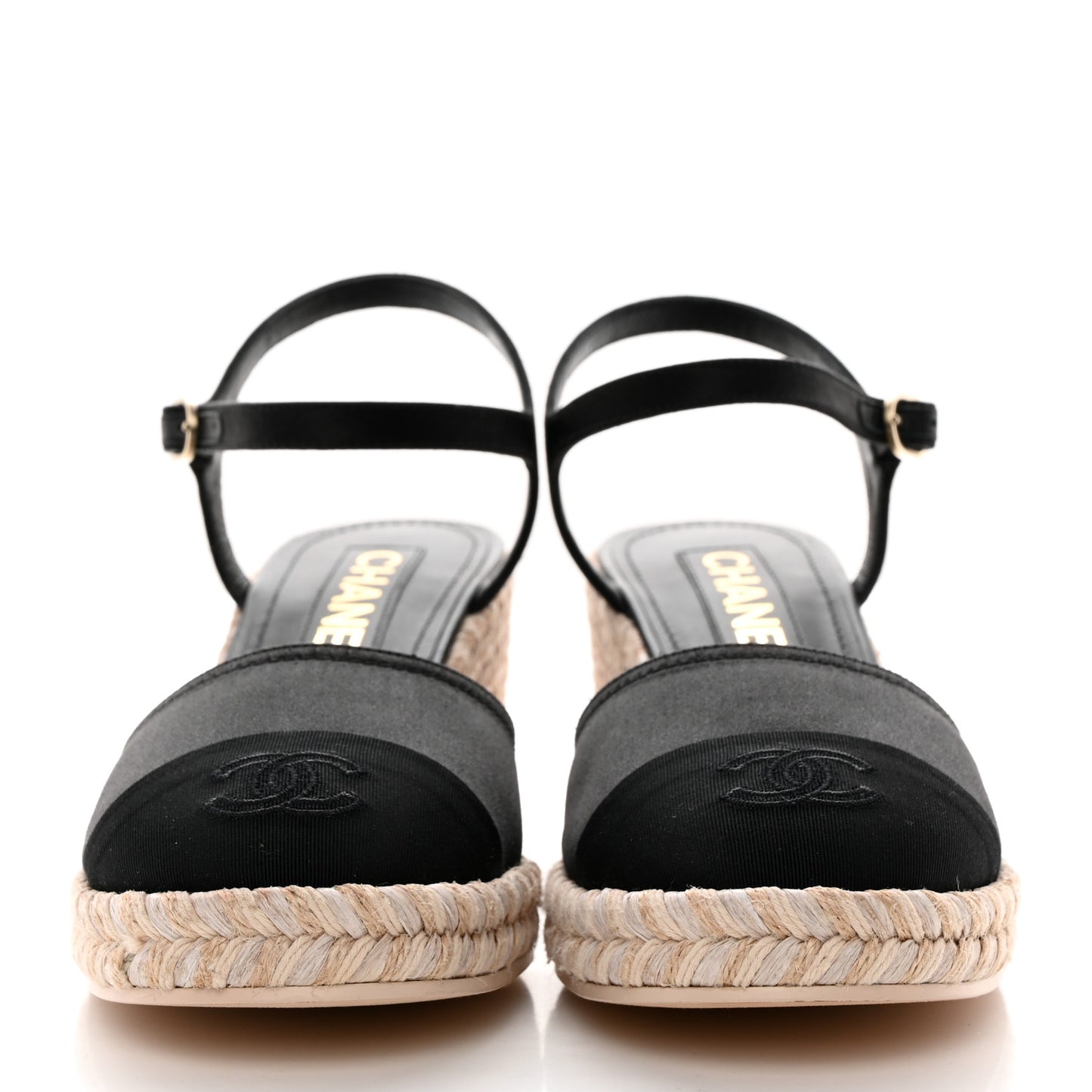 Satin Grosgrain CC Espadrilles Wedges 38 Black