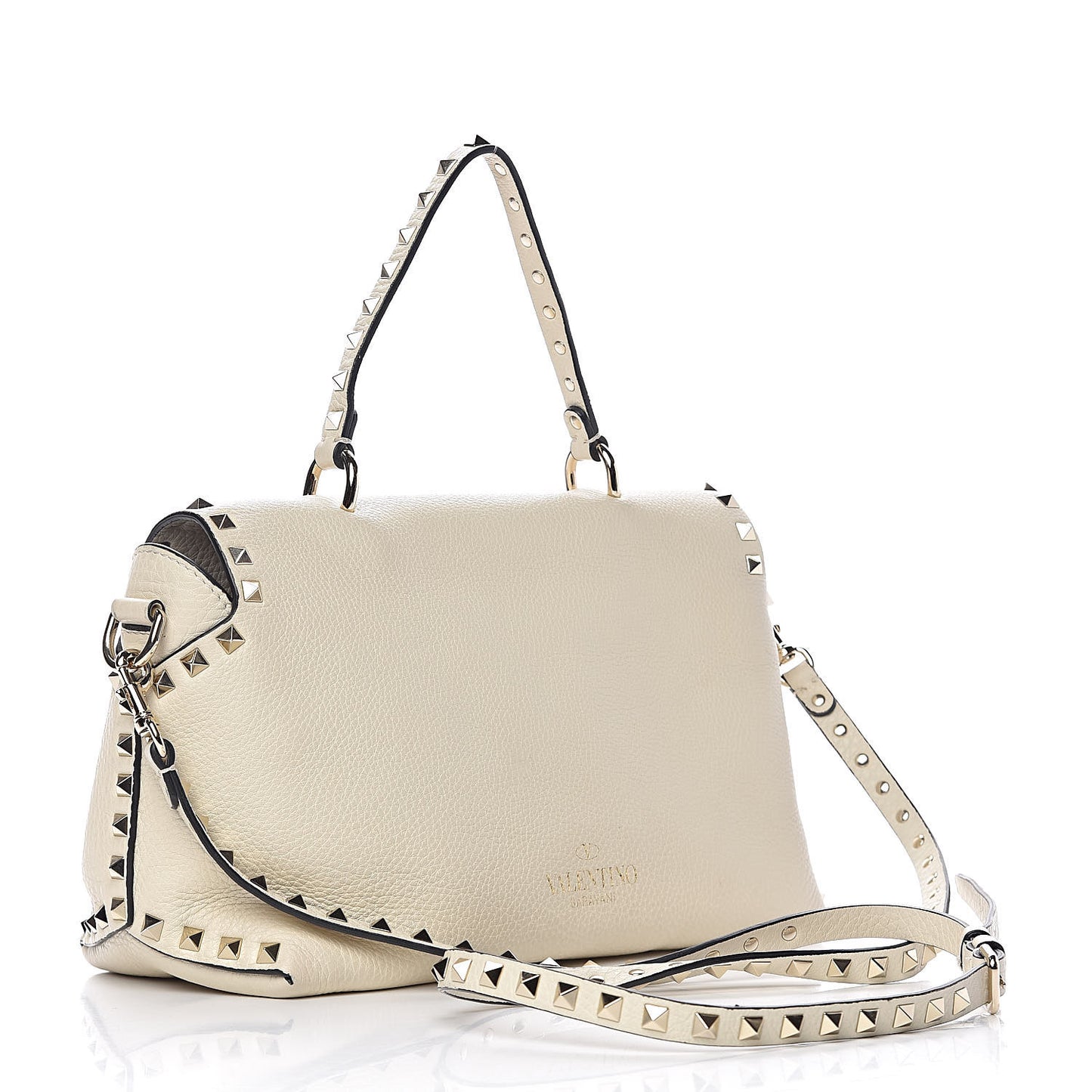 Pebbled Calfskin Rockstud Single Handle Flap Bag Light Ivory